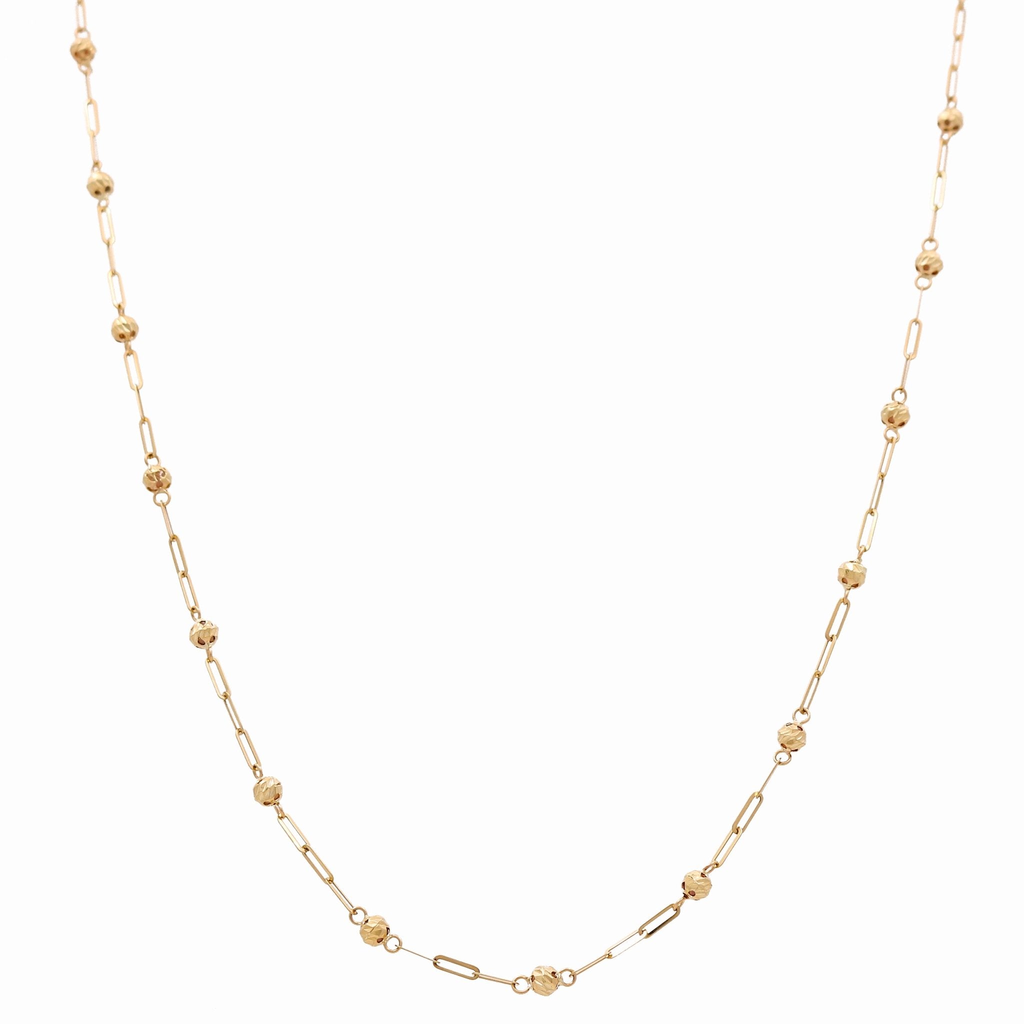 14K Yellow Gold Paper Clip Necklace with Gold Beads 22in