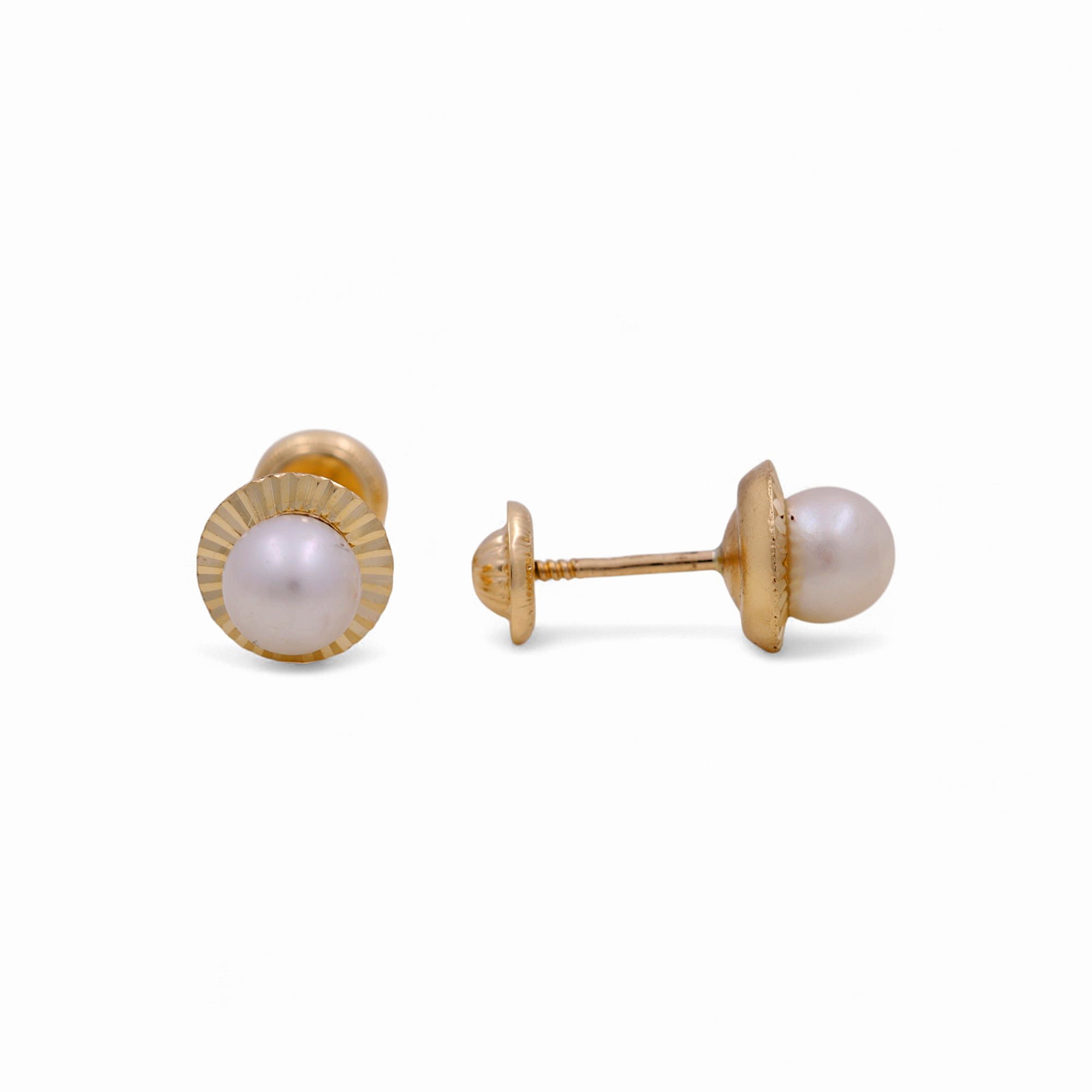 14K Yellow Gold Pearl Stud Earrings with Textured Bezel