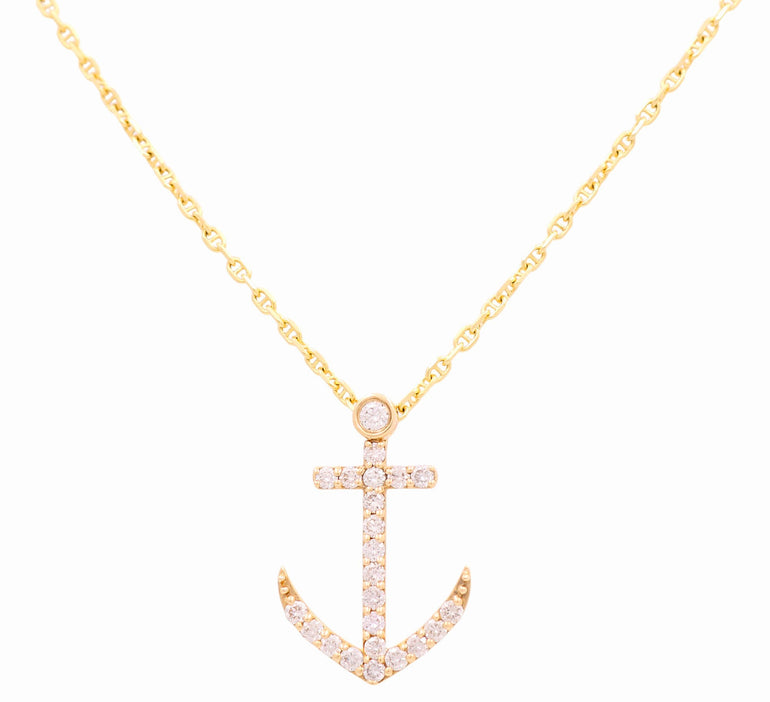Yellow Gold Necklace with Anchor Pendant 14K with 0.85Tw Round Diamonds - Miral Jewelry
