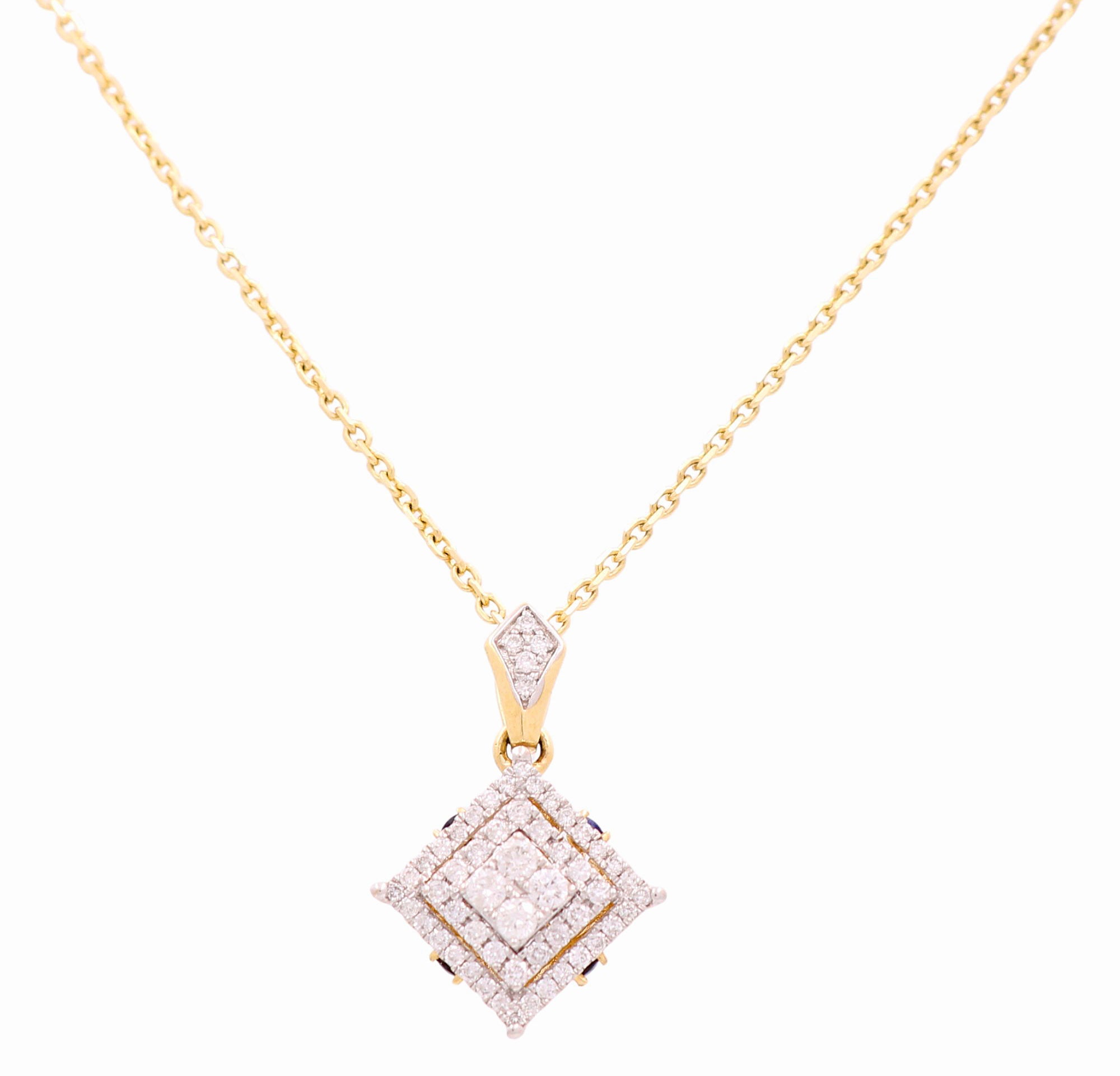 14K Yellow Gold Diamond & Sapphire Square Pendant Necklace 0.58 ct tw