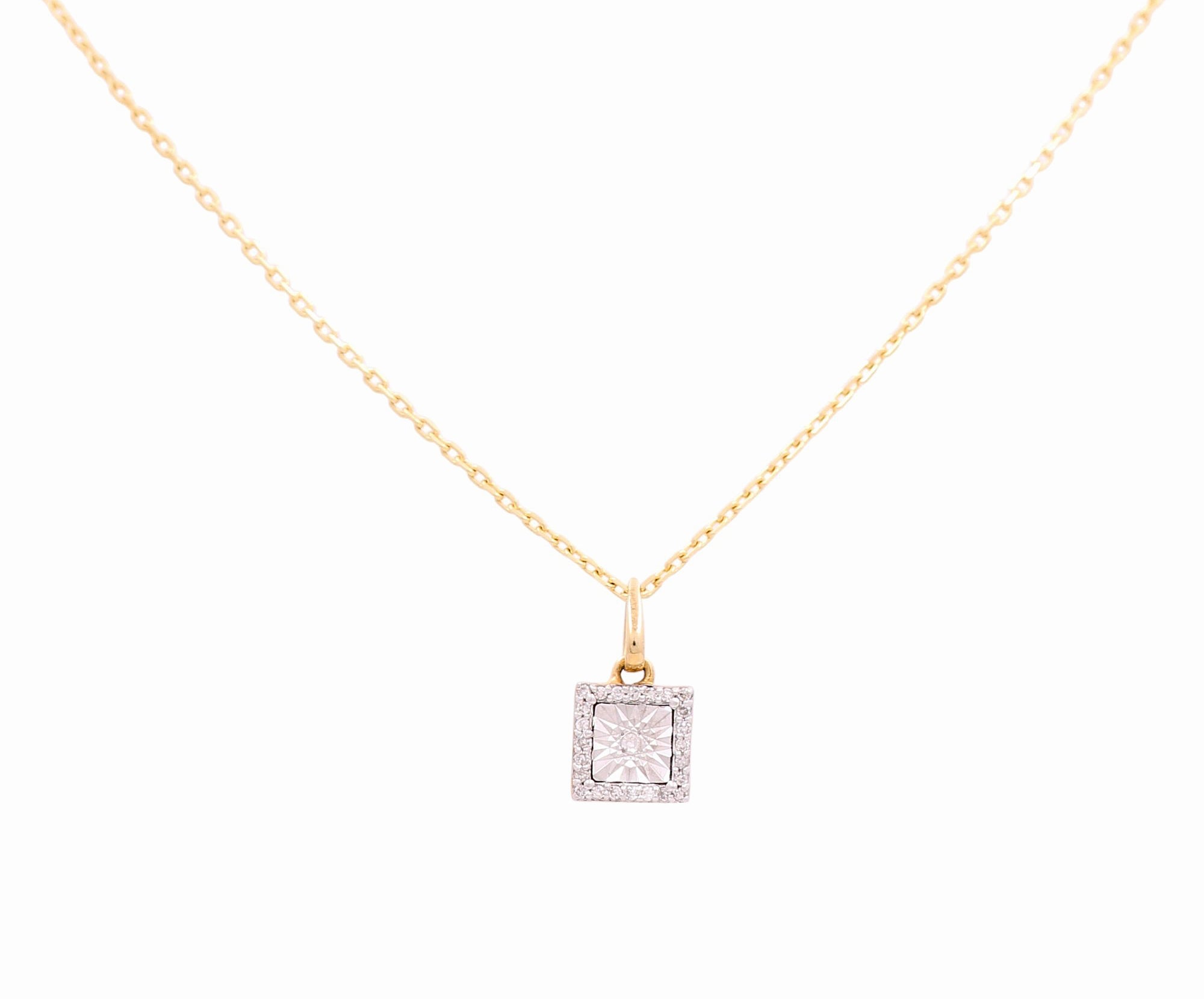 Yellow Gold Necklace with Square Pendant 10K with 0.08Tw Round Diamonds - Miral Jewelry
