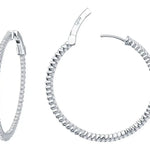 Two Miral Jewelry sterling silver Hoop Earrings adorned with simulated diamonds, one displayed open and the other closed.