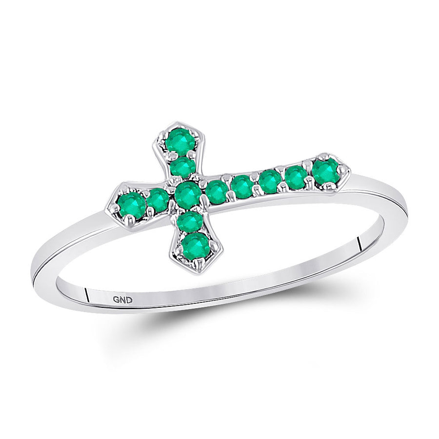 Sterling Silver Womens Round Lab-Created Emerald Cross Religious Ring 1/8 Cttw