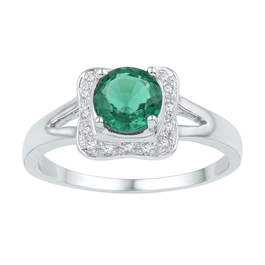 Sterling Silver Womens Round Lab-Created Emerald Solitaire Square Frame Ring 7/8 Cttw