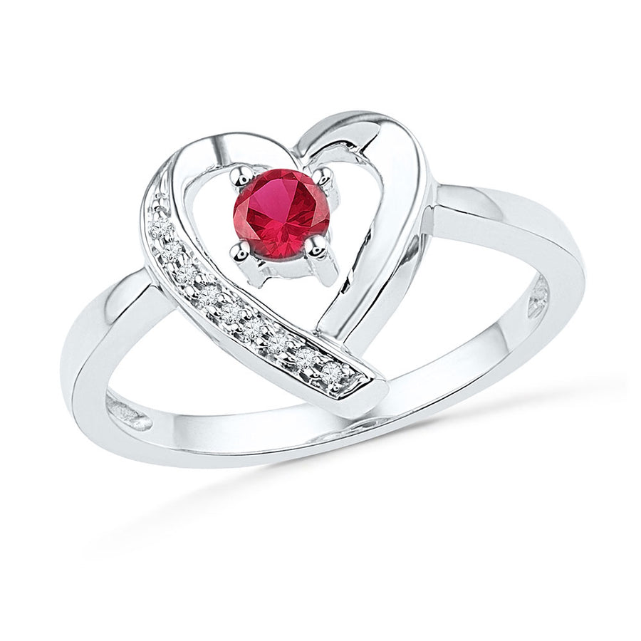 Sterling Silver Womens Round Lab-Created Ruby Solitaire Diamond Heart Ring 1/4 Cttw