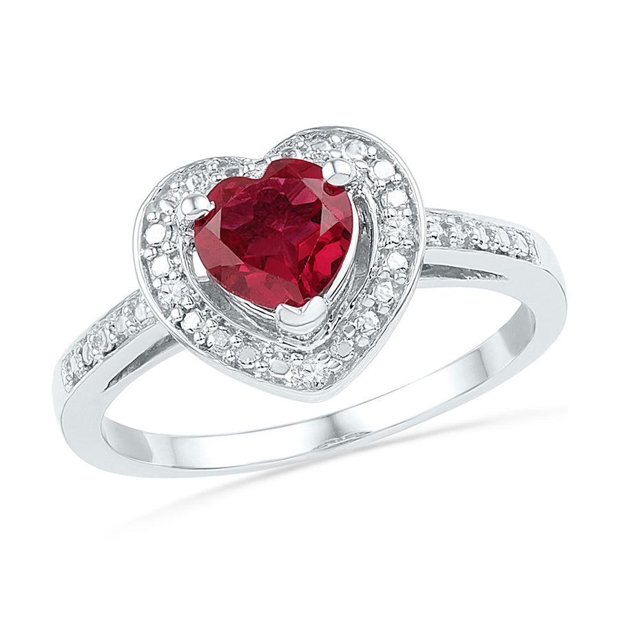 Sterling Silver Womens Round Lab-Created Ruby Heart Diamond Ring 1.00 Cttw