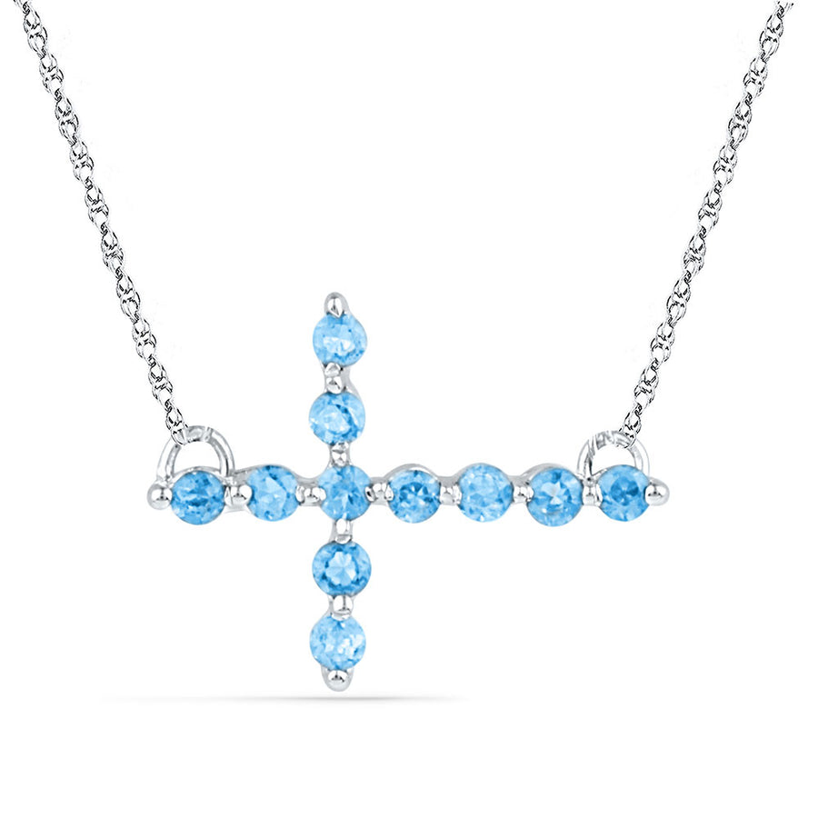 Sterling Silver Womens Round Lab-Created Blue Topaz Cross Religious Pendant Necklace 1/5 Cttw