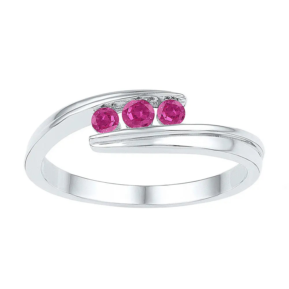 Sterling Silver Womens Round Lab-Created Pink Sapphire 3-stone Ring 1/2 Cttw