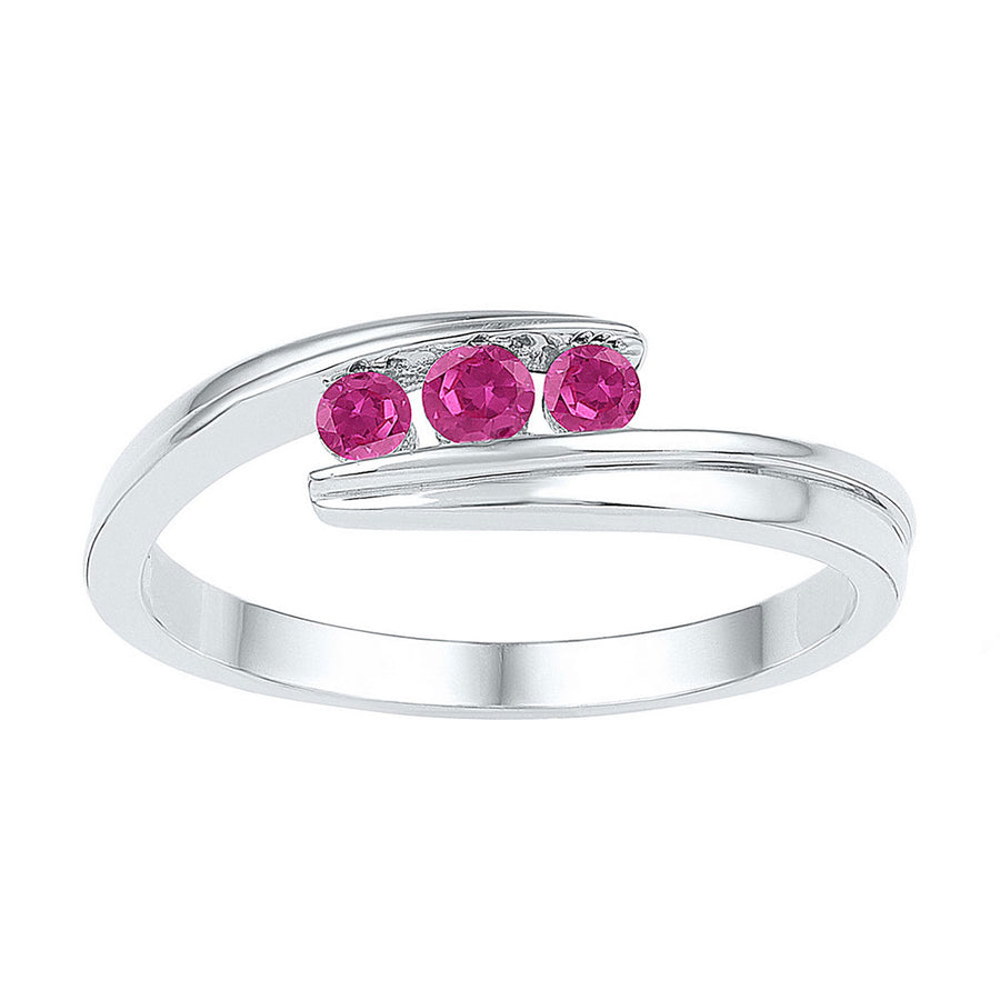 Sterling Silver Womens Round Lab-Created Pink Sapphire 3-stone Ring 1/2 Cttw