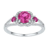 Sterling Silver Womens Round Lab-Created Pink Sapphire 3-stone Diamond-accent Ring 1-5/8 Cttw