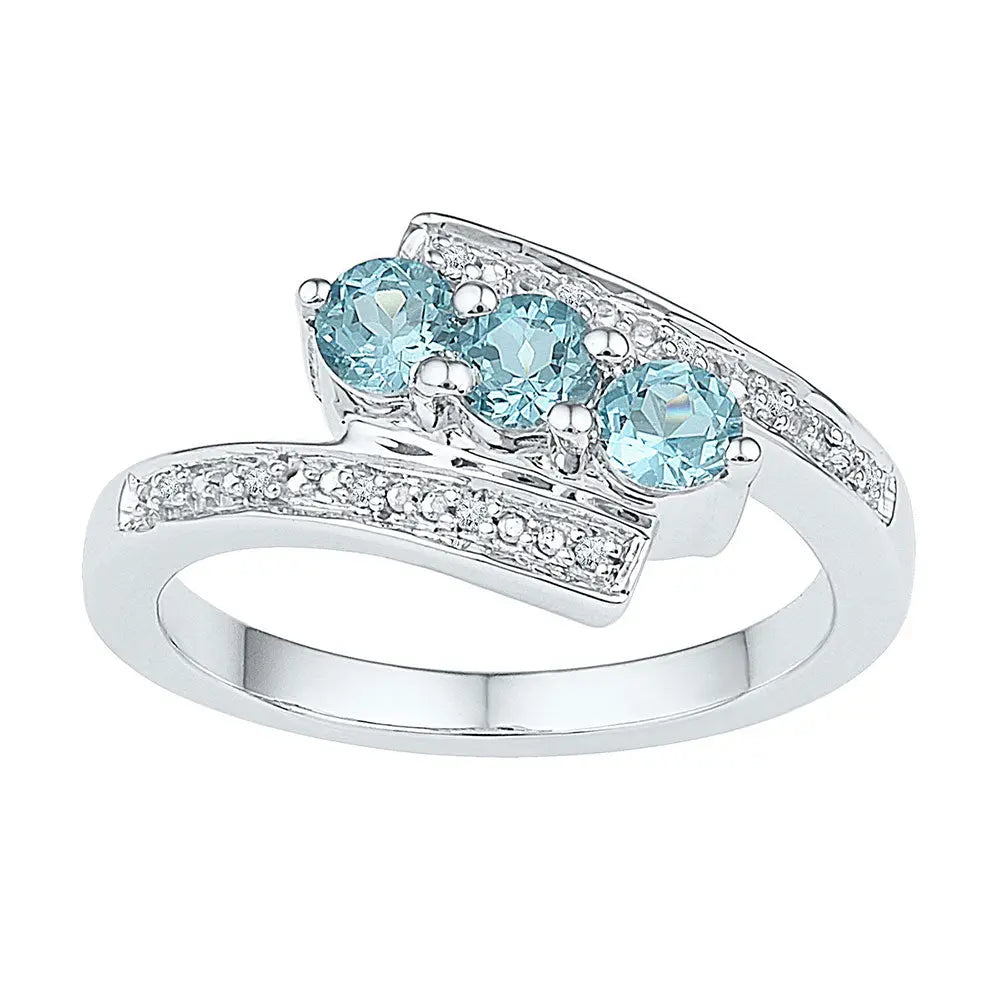 Sterling Silver Womens Round Lab-Created Blue Topaz 3-stone Ring 1.00 Cttw