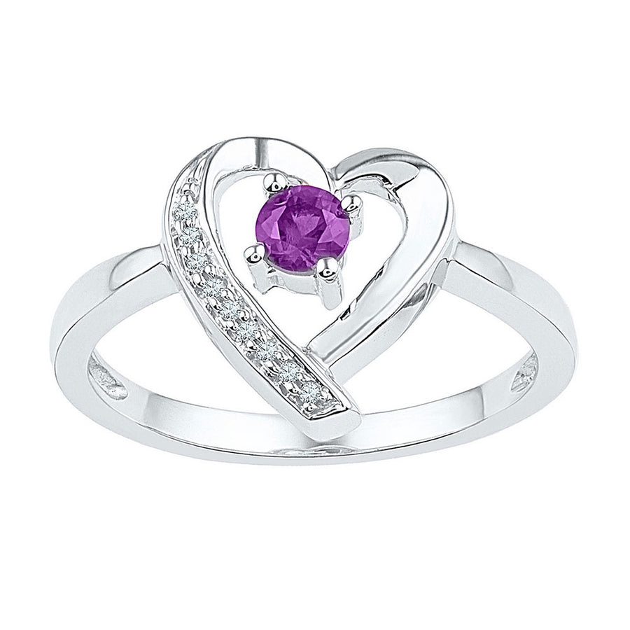 Sterling Silver Womens Round Lab-Created Amethyst Diamond Heart Ring 1/4 Cttw