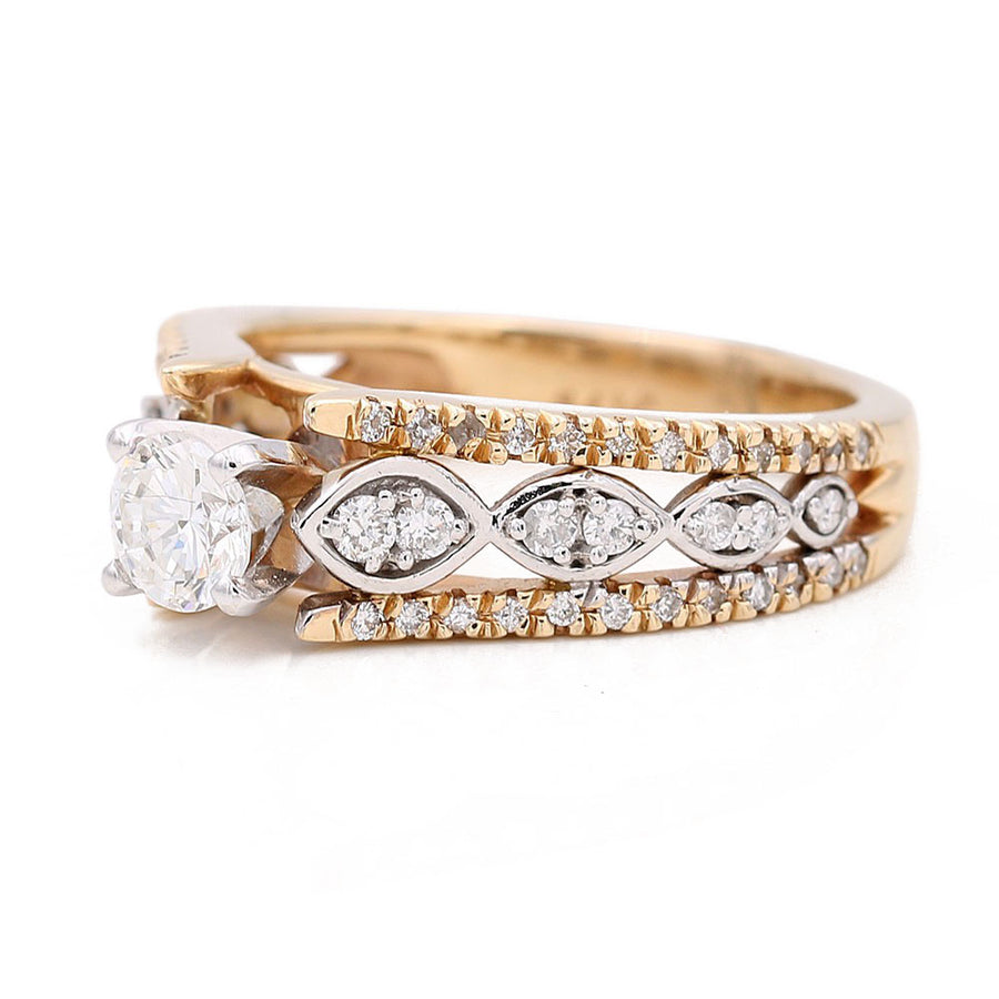 Two Tone White and Yellow Gold 14K Modern Bridal Ring with 0.85 TwRound Diamonds