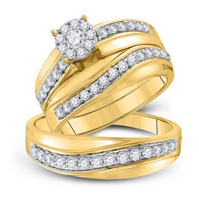 Round Diamond Cluster Matching Wedding Ring Set