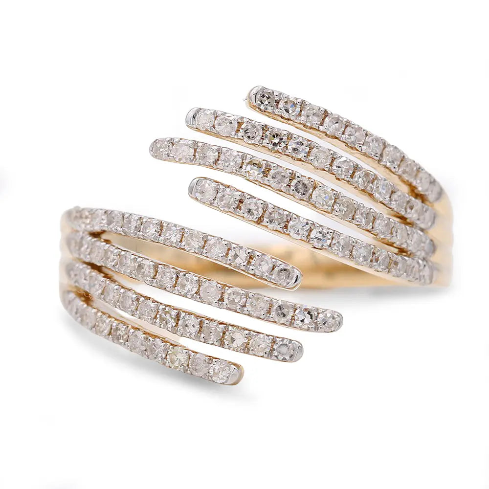The Yellow Gold 14k Fashion Diamond Ring by Miral Jewelry features a stunning multi-strand design, with multiple thin bands each adorned with 0.70Tw round diamonds, crafting an exquisite piece for women.