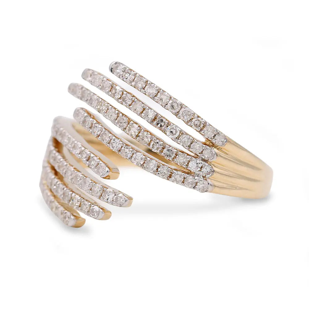 The Miral Jewelry Yellow Gold 14k Fashion Diamond Ring, featuring a unique open design with multiple bands encrusted with 0.70Tw round diamonds, exudes elegance and sophistication.