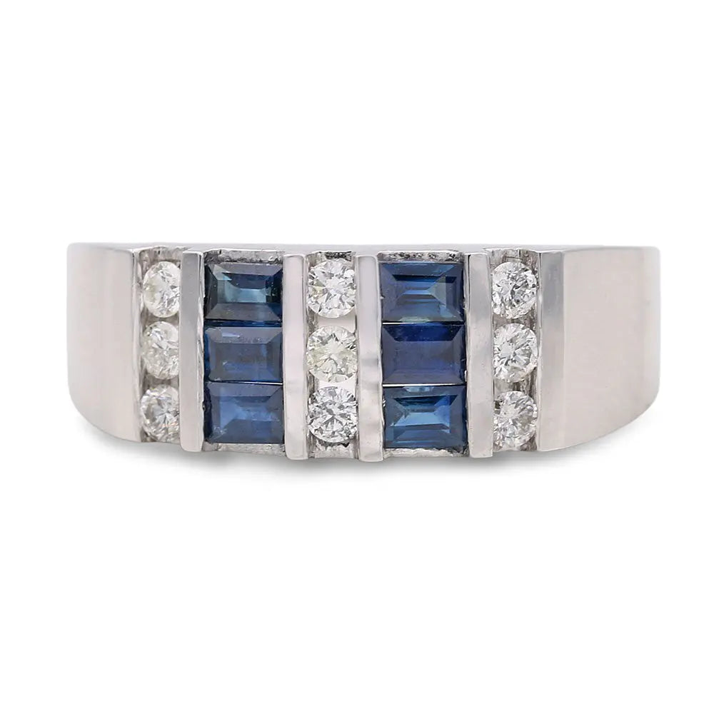 A Miral Jewelry White Gold 14k Free Form Diamond Fashion Ring With 0.10Tw Round Diamonds and Sapphires featuring a design with alternating rows of blue rectangular stones and clear round stones.