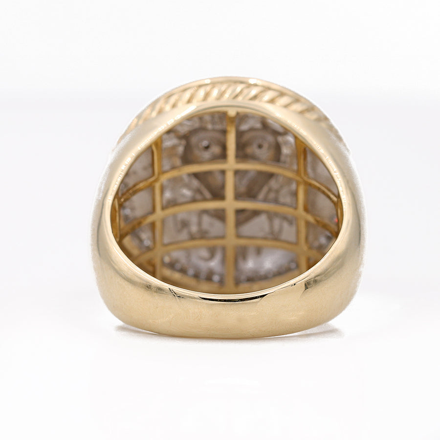 A Men's Yellow Gold 10k Lion Diamond Ring from Miral Jewelry with a round diamond in the center.
