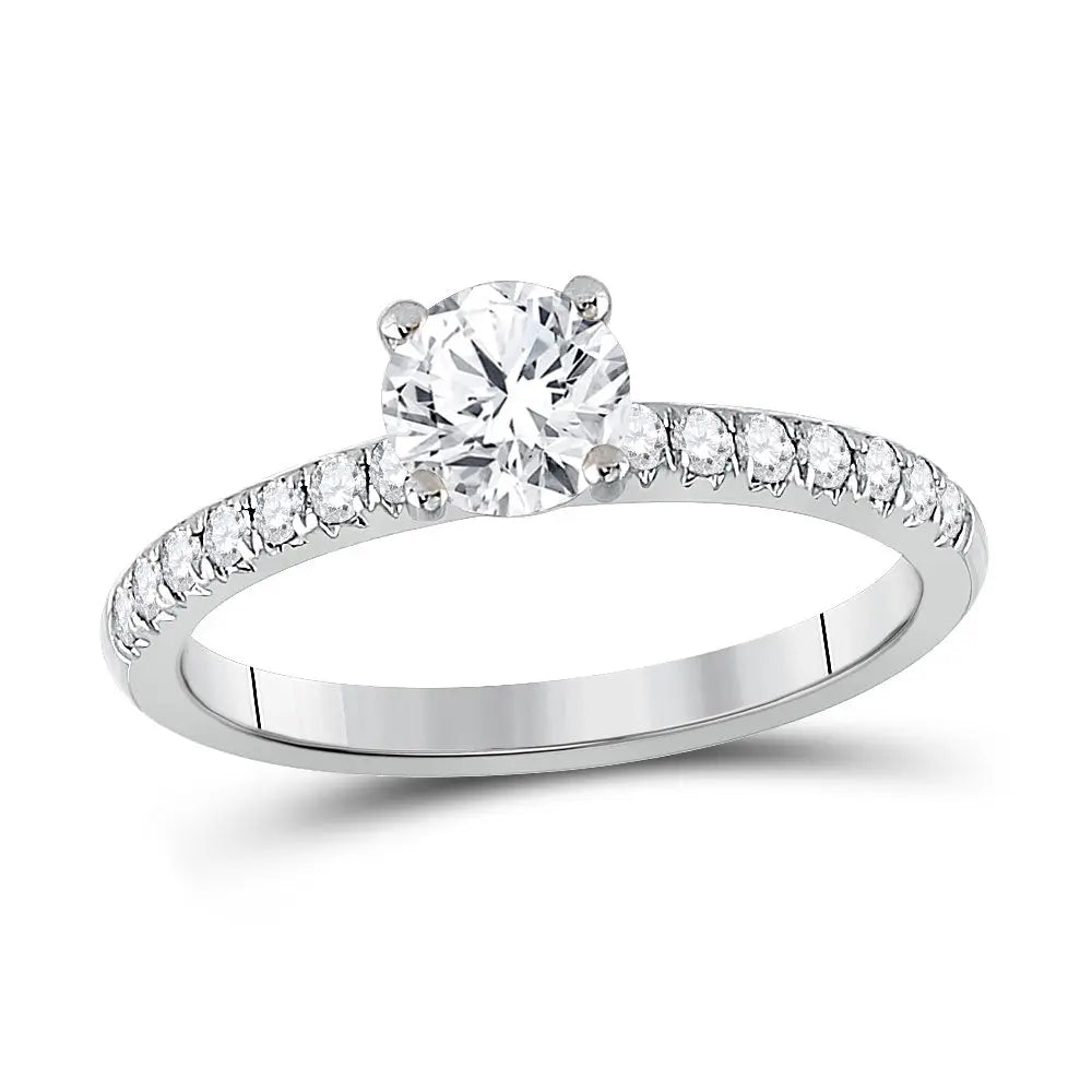 A Miral Jewelry White Gold 14k Engagement Ring with 1.00ctw Round Diamonds featuring a central round diamond and smaller round diamonds along the band.