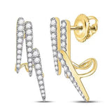 A pair of Miral Jewelry 14k Yellow Gold Fancy Diamond Earrings with a unique design featuring embedded small diamonds arranged in a zigzag pattern.