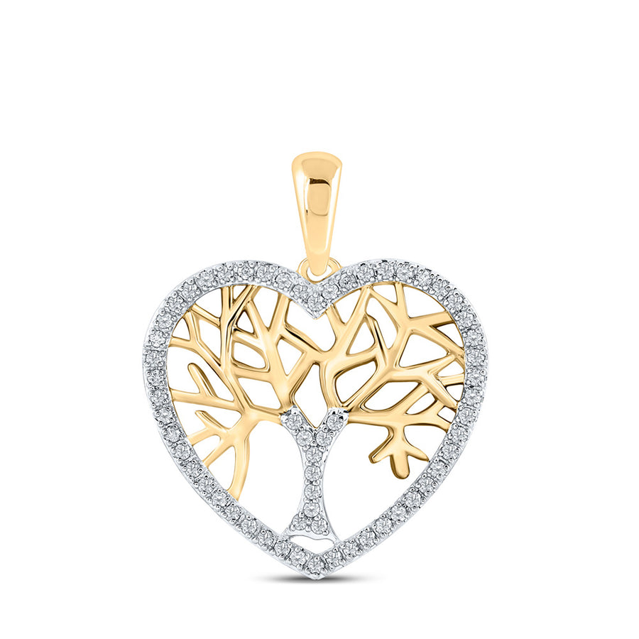 10k Yellow Gold Round Diamond Tree of Life Heart Pendant 1/4 Cttw