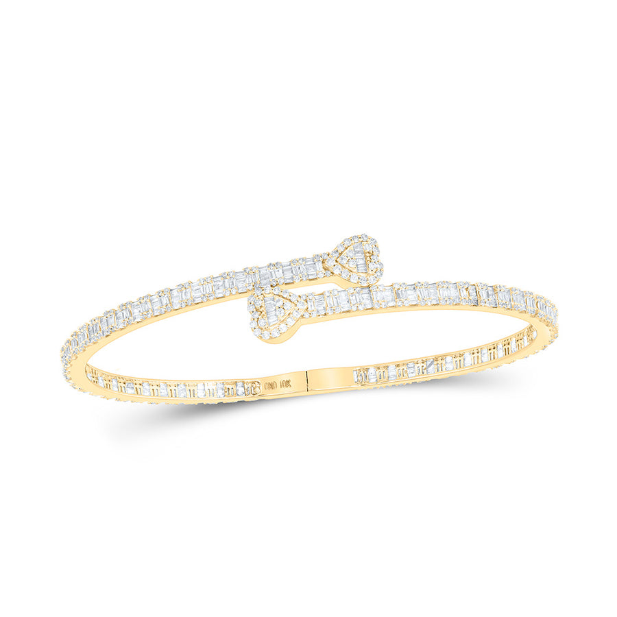 10k Yellow Gold Baguette Diamond Heart Cuff Bangle Bracelet 2-5/8 Cttw