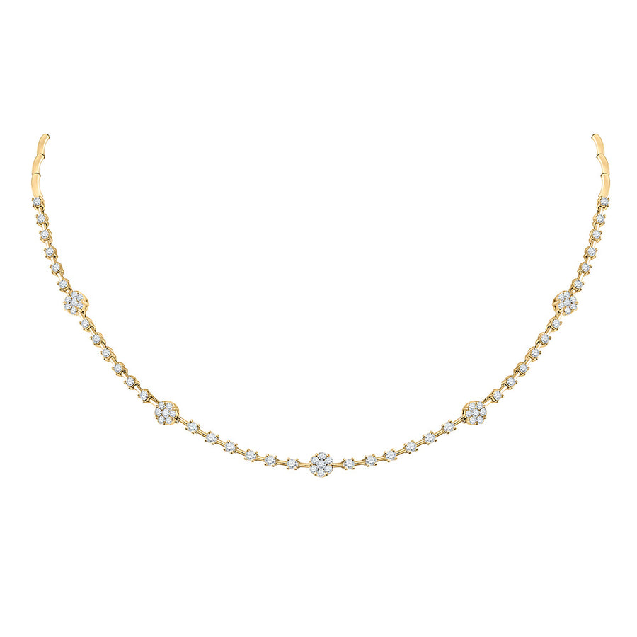 14k Yellow Gold Round Diamond 16-inch Flower Cluster Necklace 2 Cttw
