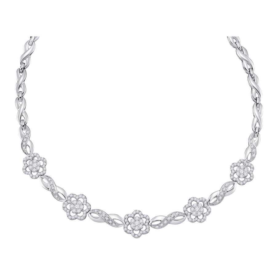 14k White Gold Round Diamond Infinity Flower Cluster Necklace 2 Ctw