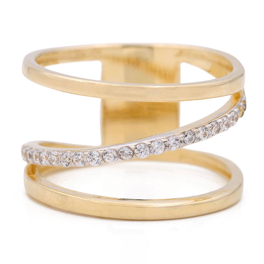 A Yellow Gold 14k Miral Jewelry fashion ring adorned with two rows of diamonds, perfect for women who desire an elegant and captivating piece of jewelry.