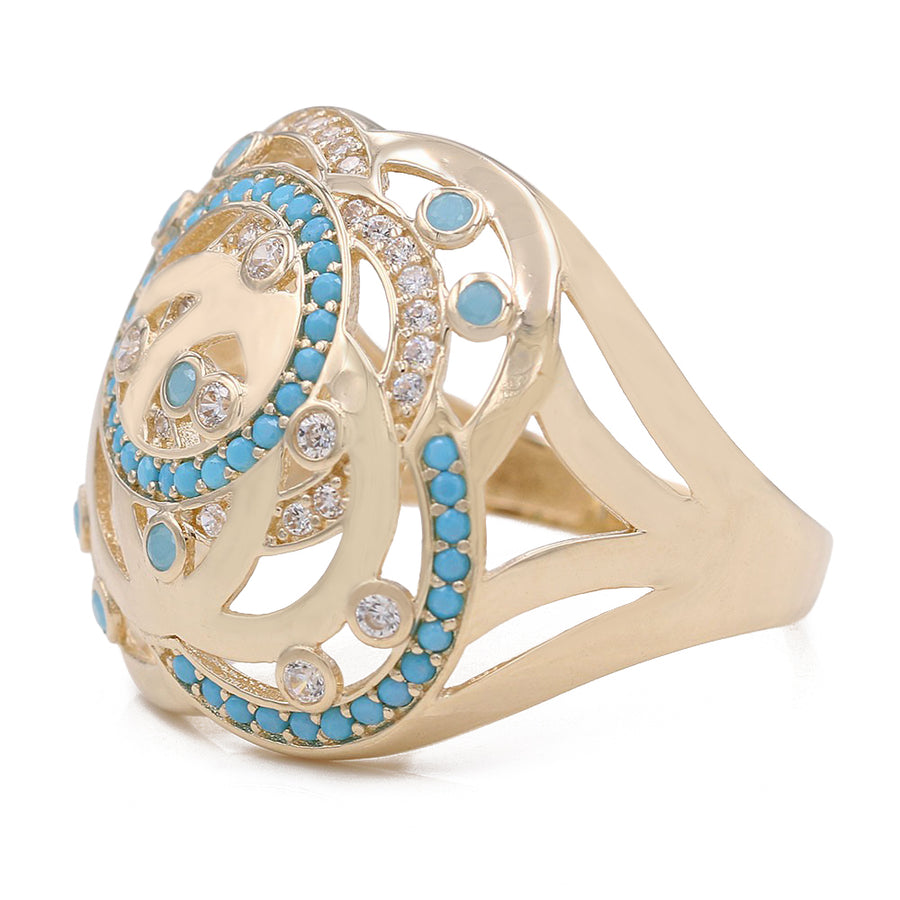 Yellow Gold 14k Fashion Flowers Ring With Blue and White Cz