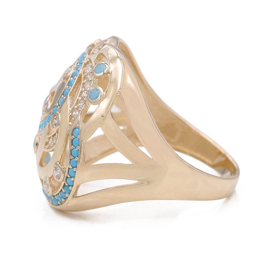 Yellow Gold 14k Fashion Flowers Ring With Blue and White Cz