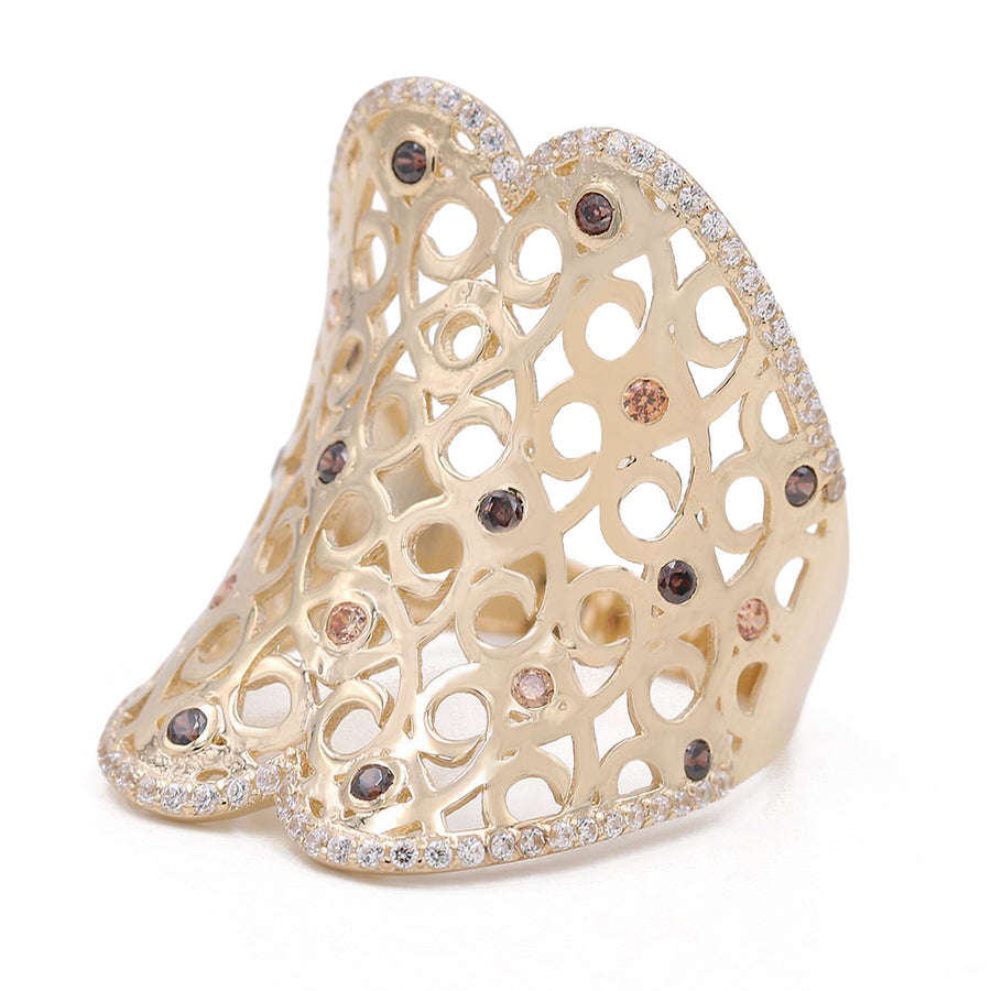 Yellow Gold 14k Fashion Ring With White and Brown Cz