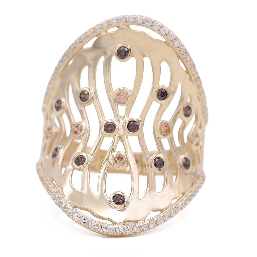 Yellow Gold 14k Fashion  Ring With Brown and White Cz