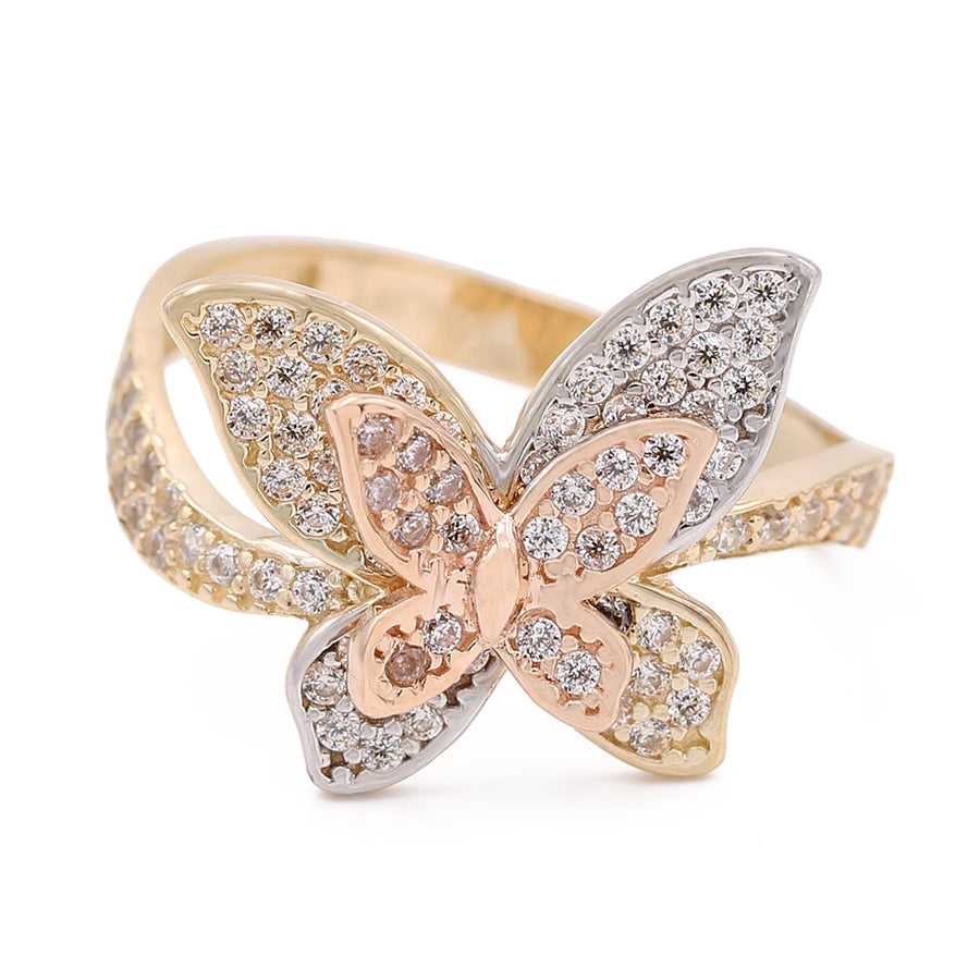Tri Color 14k Butterfly Ring With Cz