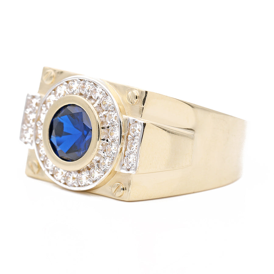 A Yellow Gold 14k Fashion Ring Blue Stone and Cz by Miral Jewelry with diamonds.