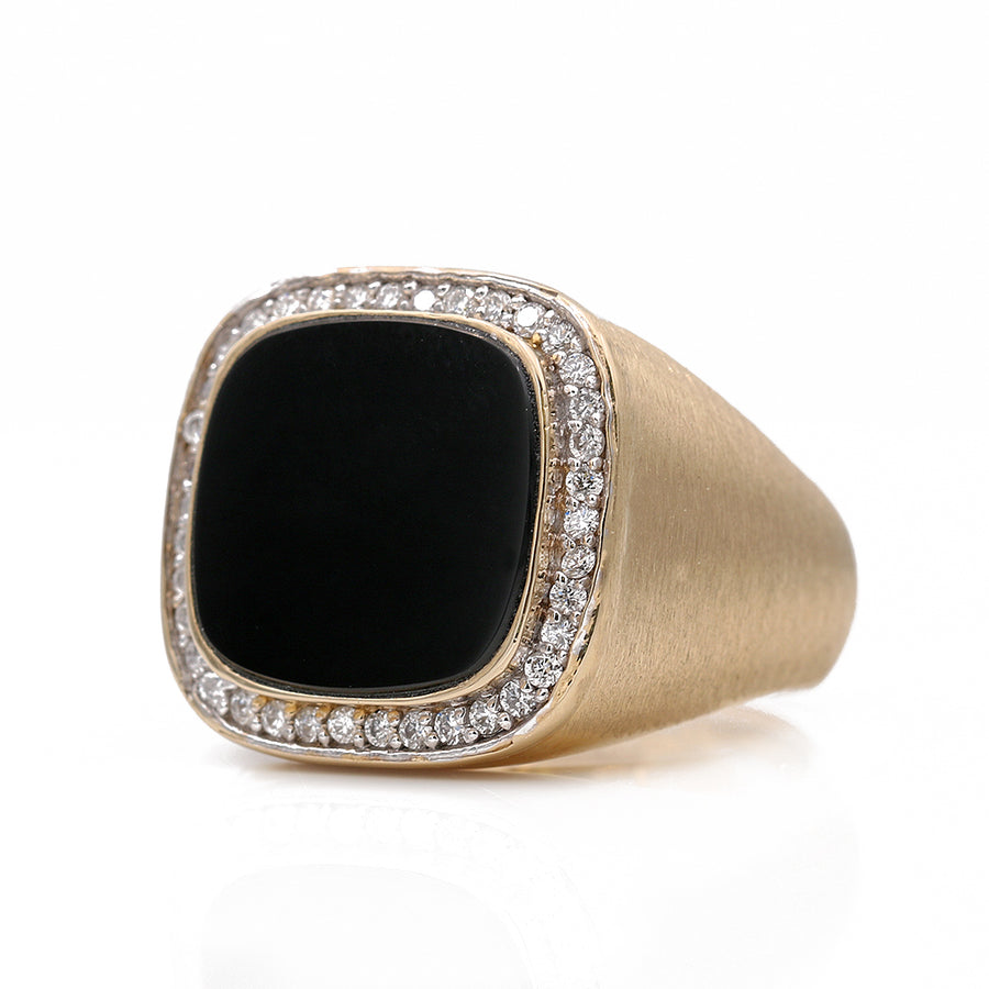 Yellow Gold 14k Satin Contemporary Fashion Ring With Square Cushion Onyx And 0.50Tw Round Diamonds