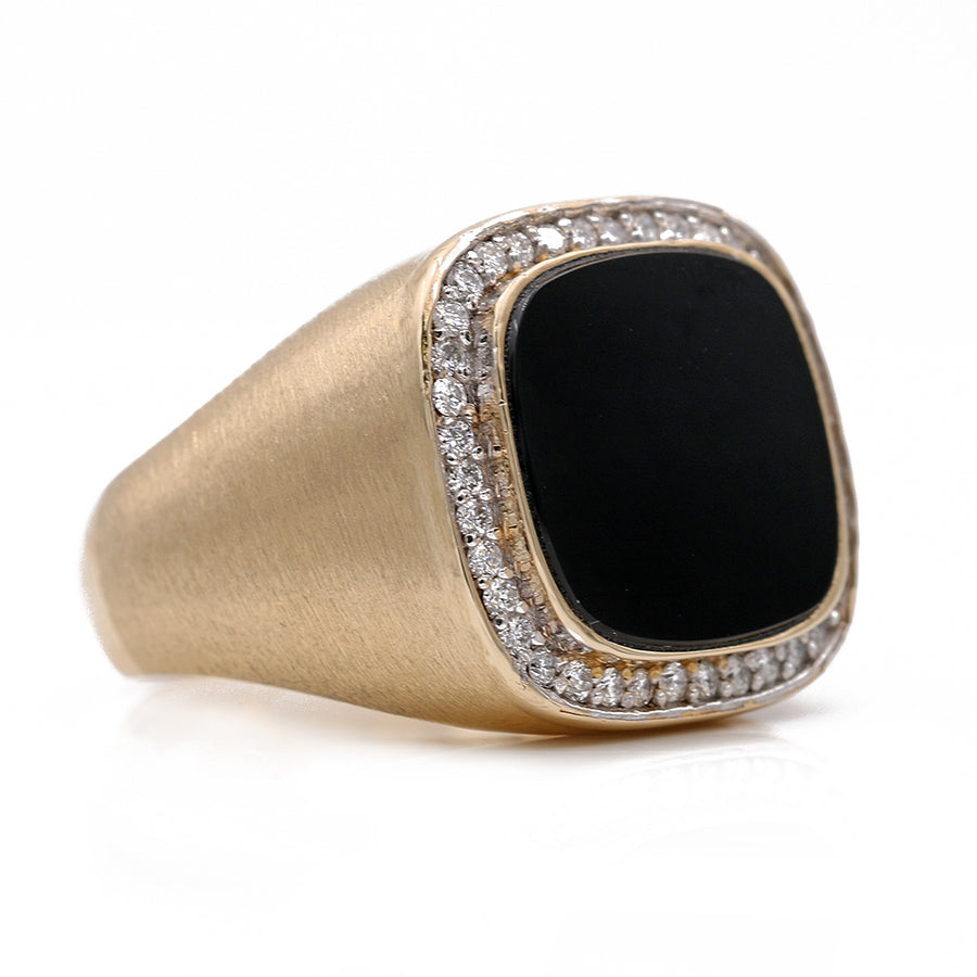 Yellow Gold 14k Satin Contemporary Fashion Ring With Square Cushion Onyx And 0.50Tw Round Diamonds