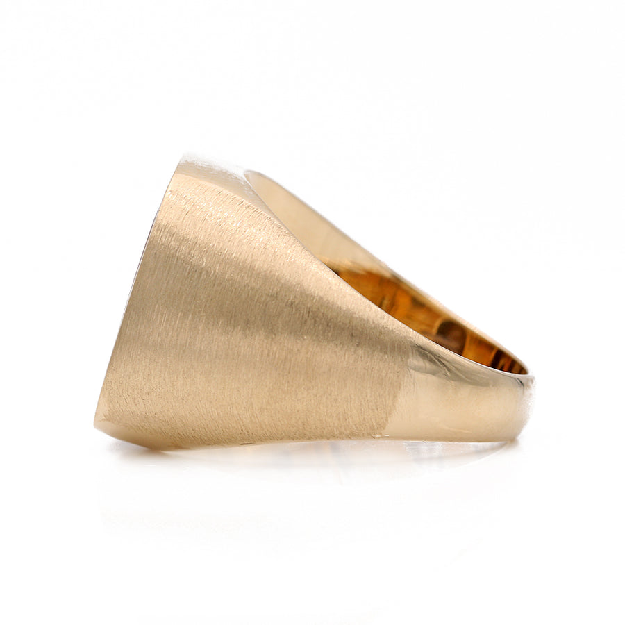 A Men's Yellow 14k Contemporary Fashion Ring from Miral Jewelry, featuring a Tiger Eye stone, set with round diamonds, on a white background.