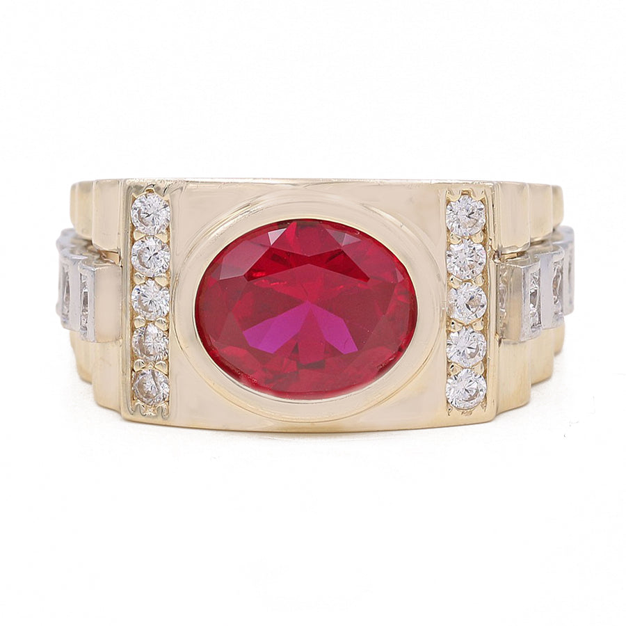 A Yellow Gold 14k Fashion Ring with Red Cz, from Miral Jewelry, adorned with diamonds.
