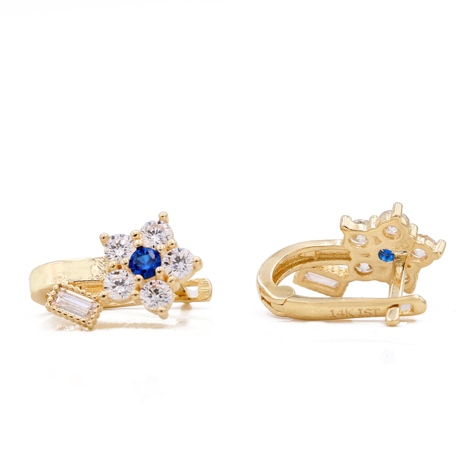 Yellow Gold 14k Flower Earrings With Blue and White Cz