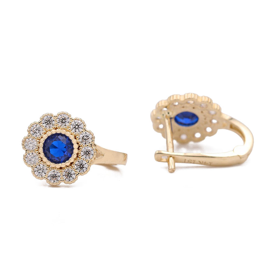 Yellow Gold 14k Flowers Earrings With Blue Cz