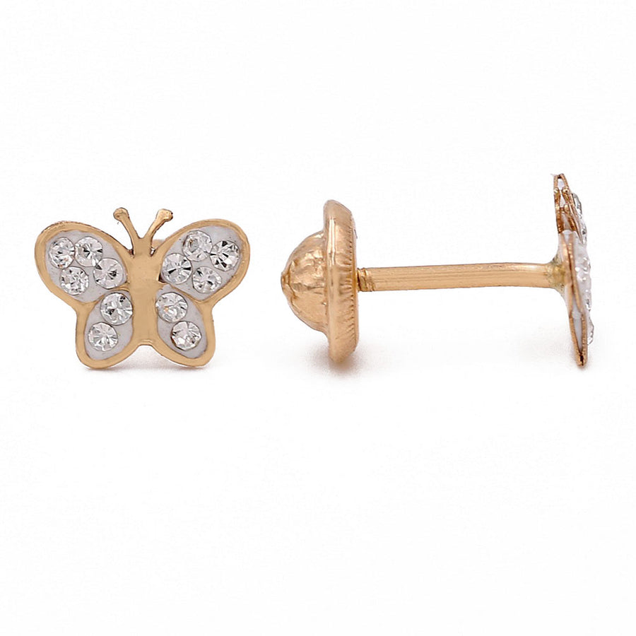 A pair of Miral Jewelry 14k yellow gold butterfly stud earrings with diamonds for women.