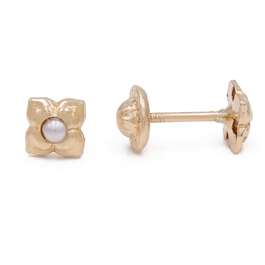 Yellow Gold 14k Flower Earring With Pearl