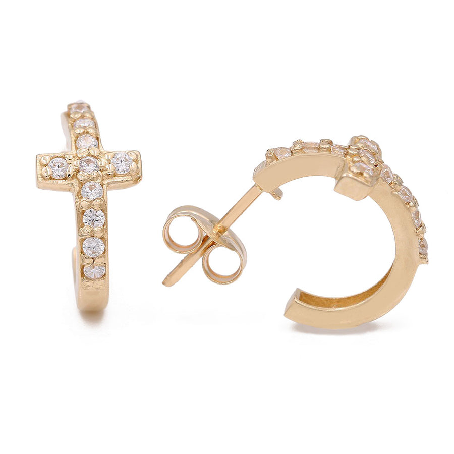 14k Yellow Gold Crosses Small Hoops With CZ