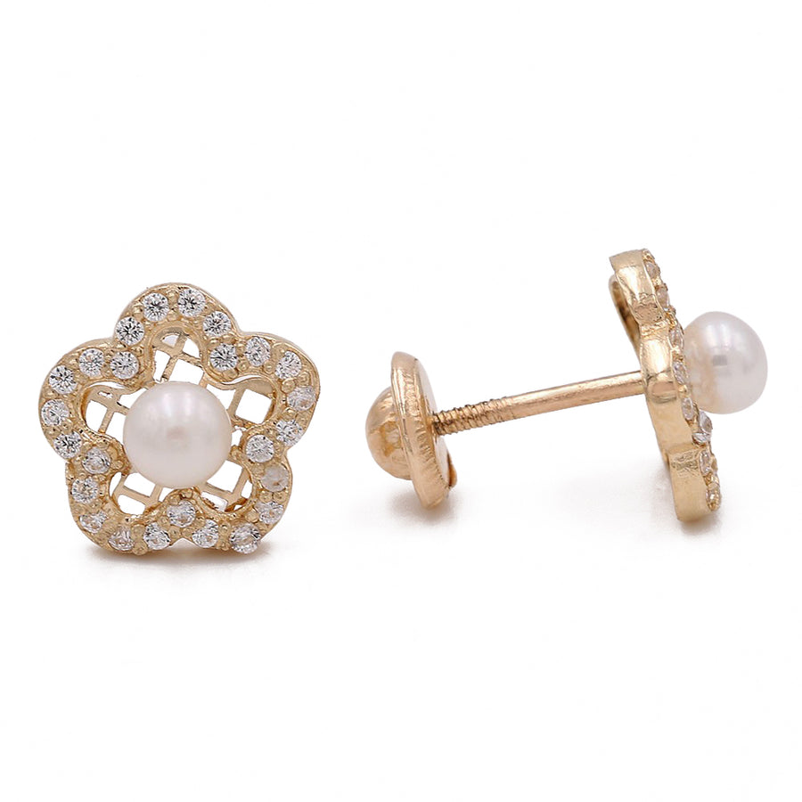 Yellow Gold 14k Flower Earrings with Pearl and Cz