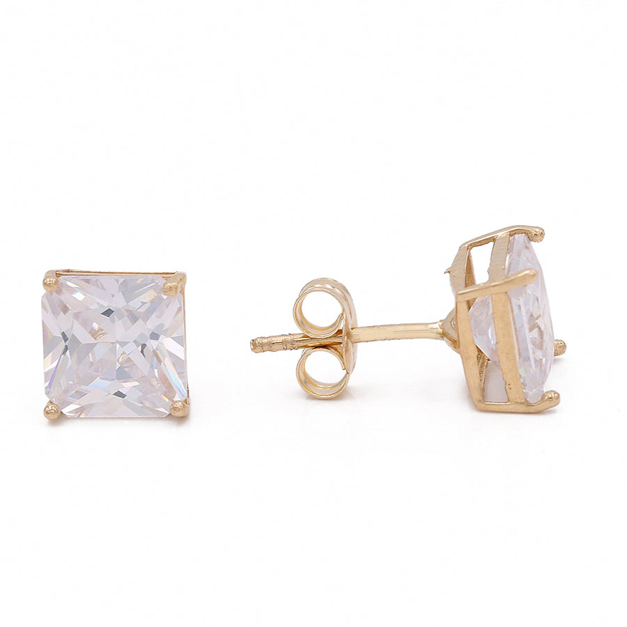 A pair of Miral Jewelry Yellow Gold 14k Square Stud Earrings designed for women and shown from the front and side with a post and butterfly back closure.