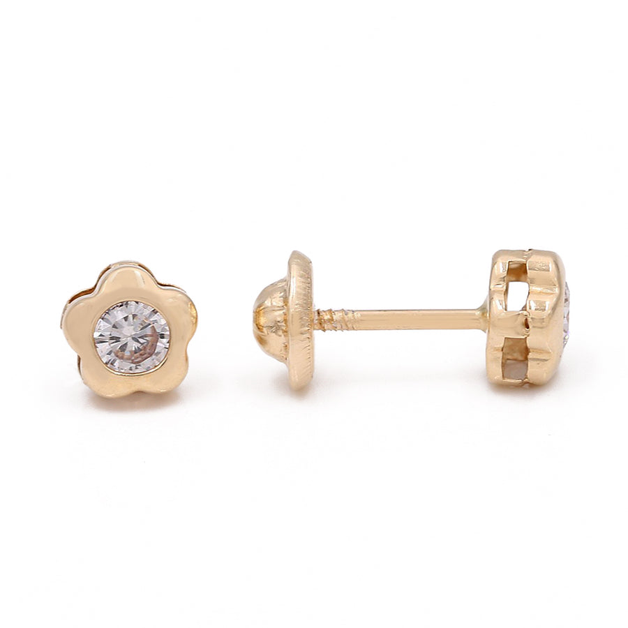 A pair of Miral Jewelry Yellow Gold 14k Flower Earrings With Cz with a central diamond on a white background.