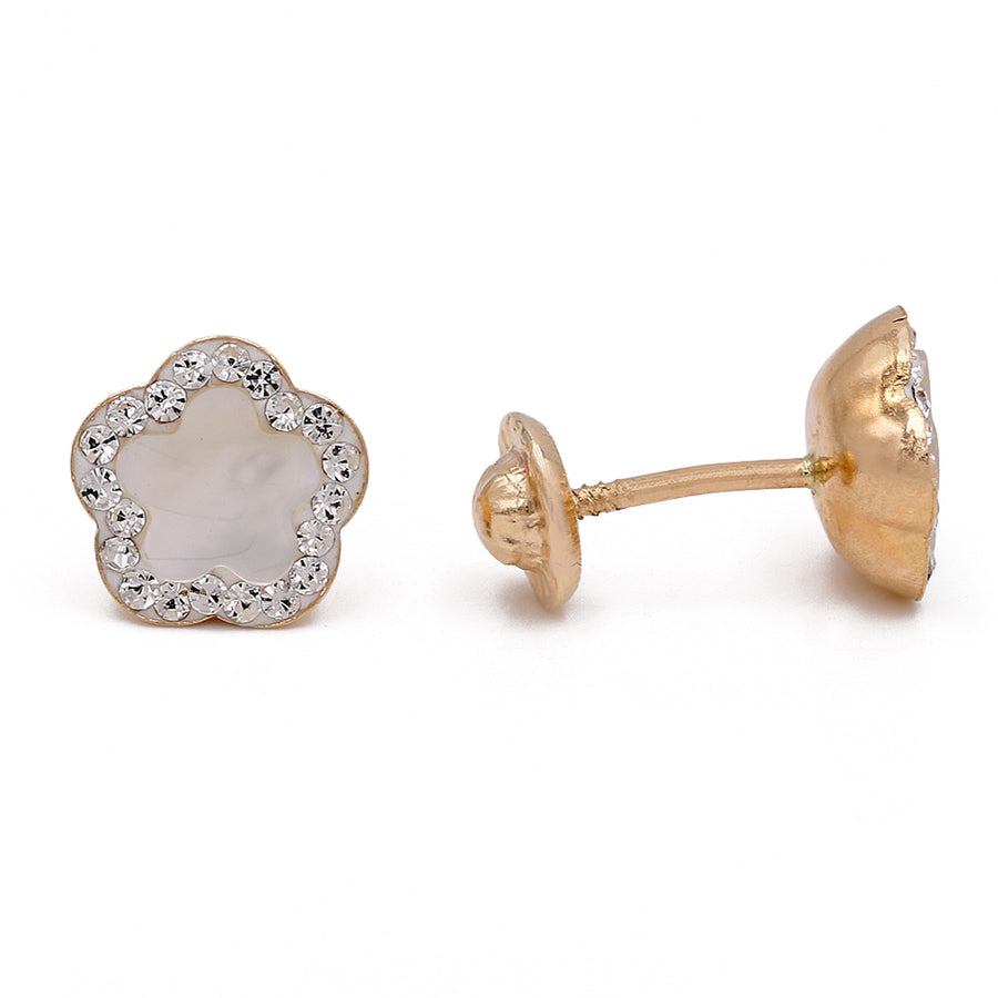 Yellow Gold 14k Mop Clover Earrings by Miral Jewelry, displayed against a white background.