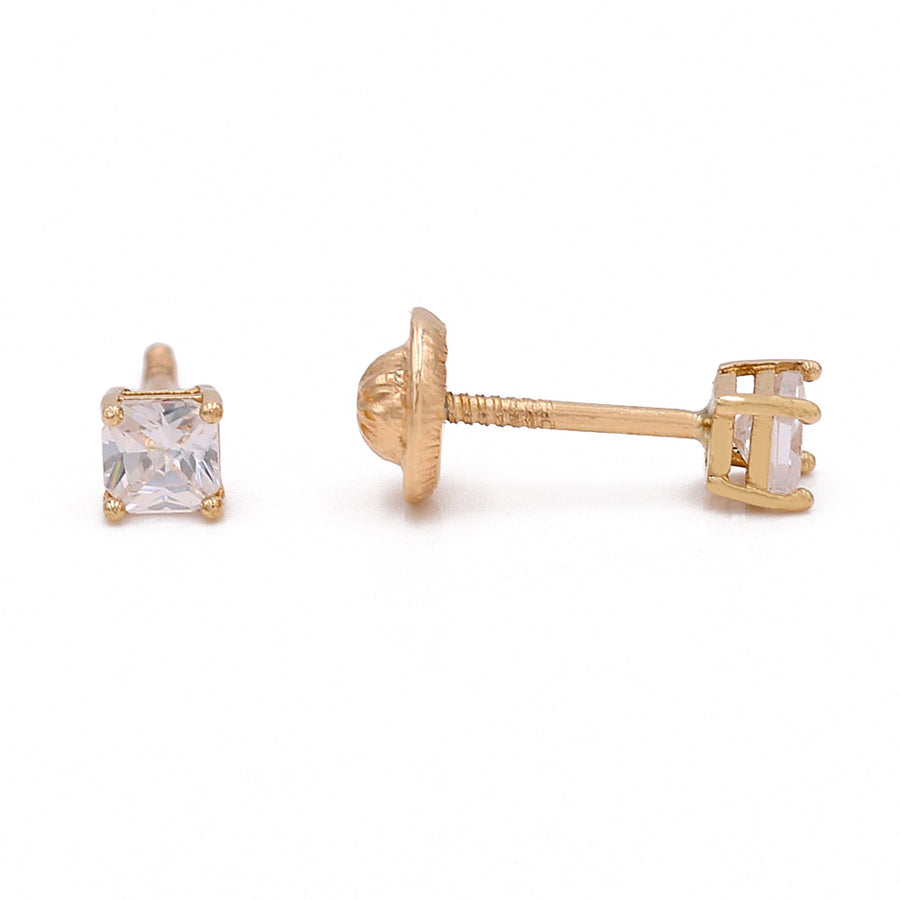 A pair of Miral Jewelry Yellow Gold 14k Square Stud Earrings with cubic zirconia stones.