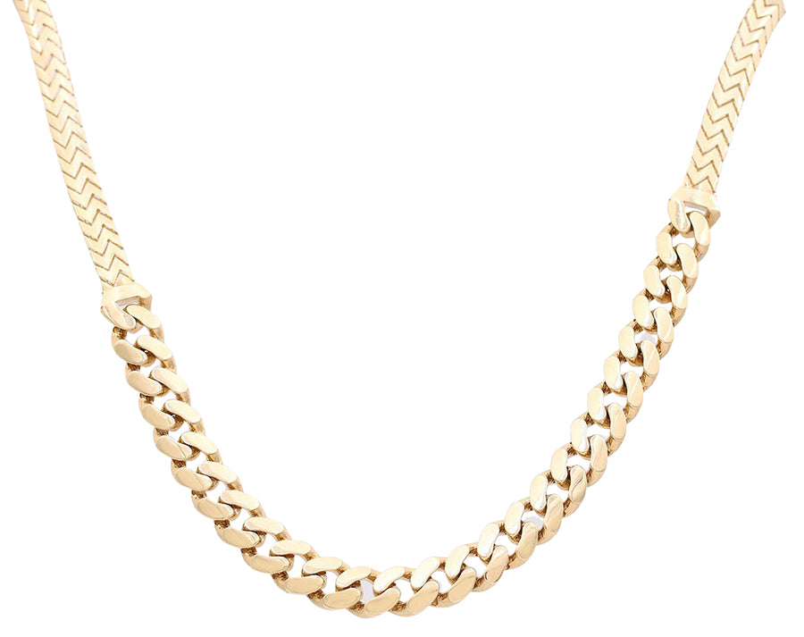 Miral Jewelry's 14k yellow gold chain necklace with a herringbone and link design on a white background. This women's necklace embraces two different styles.